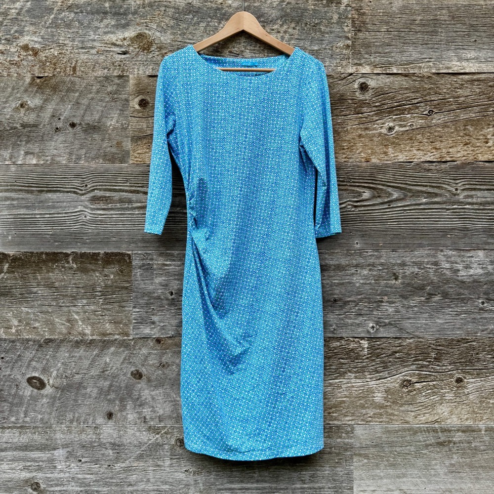 J McLaughlin Catalina Cloth Geometric Ruched Side Dress L Blue Coastal Stretch